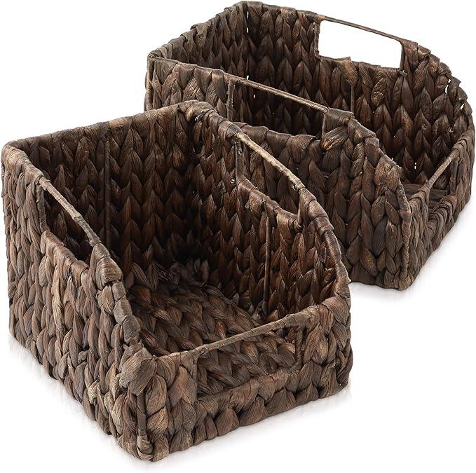 Casafield Set of 2 Water Hyacinth Pantry Baskets with Handles - Espresso, Woven Storage Bin Organizers for Kitchen Shelves, Medium and Large Sizes - ModernBath