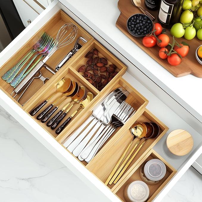 Bamboo Drawer Organizer Set, 5 PCS Multi-Use Individual Wood Storage Organizers, Junk Drawer Divider and Storage Trays Containers for Kitchen, Bathroom, Office Desk, Makeup, Jewelry, Utensils - ModernBath