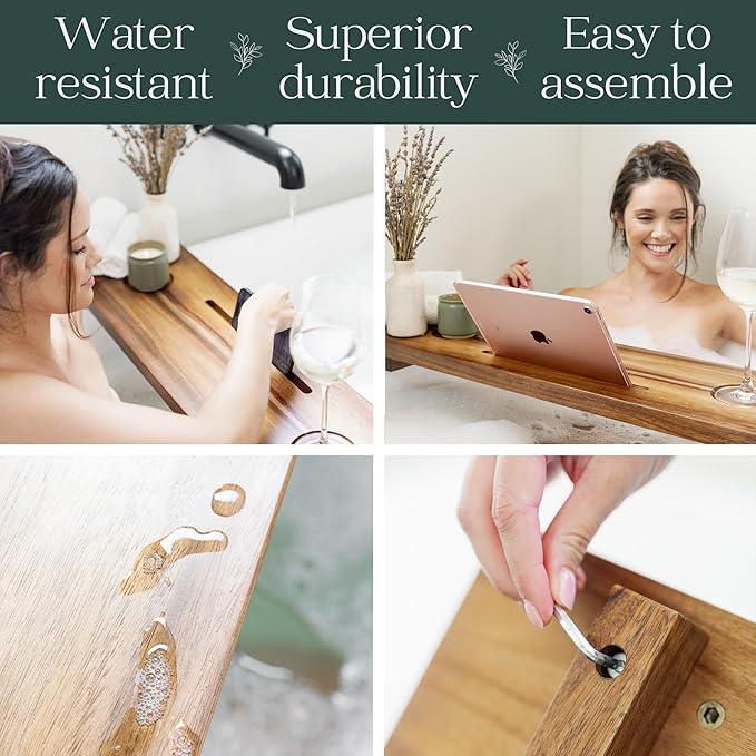 Premium Nature Shed Bathtub Tray for Freestanding Bath | Large & Thick 35” Acacia Wood Luxury Bath Tray for Tub | Anti-Tip, Non-Toxic, Adjustable Bathtub Trays for Tub with Bathroom Accessories Holder - ModernBath