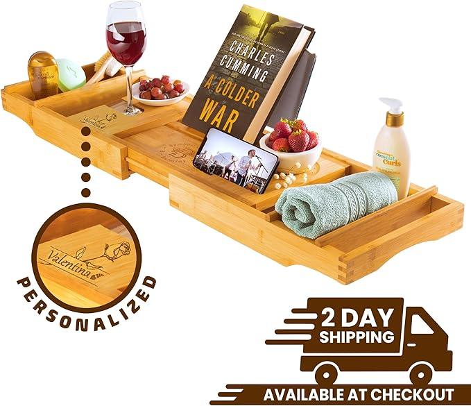Personalized Bathtub Tray - Engraved Foldable Bamboo Bath Caddy, Tub Tray with Expandable Sides, Luxury Wooden Bath Table for Relaxation Spa - Customized Gift for Mom, Wife, New Home - ModernBath