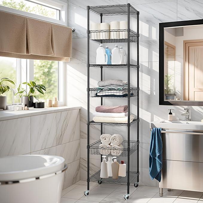Finnhomy Heavy Duty 7 Tier Wire Shelving Unit with Wheels 18x18x78.8-inches 7 Shelves Metal Storage Rack Thicken Steel Tube, Adjustable Shelving Rack for Kitchen Bathroom Office, NSF Certified, Black - ModernBath