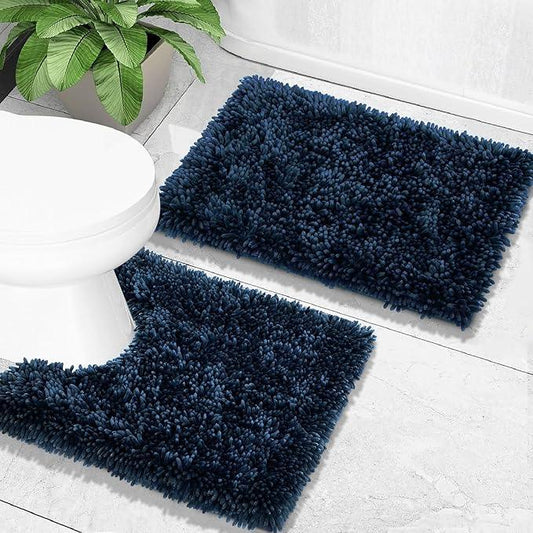 Yimobra Bathroom Rugs Sets 2 Piece, Soft Absorbent Bath Mat and U-Shaped Toilet Rug with Non Slip Backing, Luxury Shaggy Bath Mats for Bathroom, Machine Washable, 24"x17"+24"x20", Blue - ModernBath