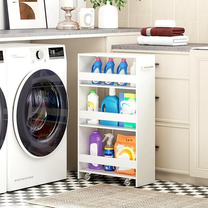 Small Kitchen Cart, 4-Tier Slim Rolling Island w/Handle, Laundry Room Storage Organizers Between Washer and Dryer, Narrow Spice Rack on Wheels Next to Fridge (White, 8'') - ModernBath