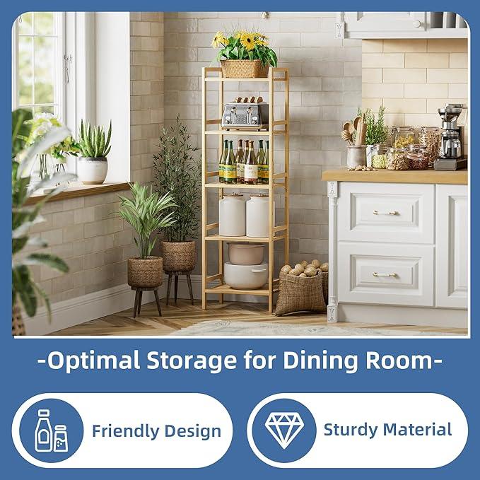 HITNET Tall Narrow Bookshelf, 5 Tier Bathroom Shelf Bamboo, Floor Standing Display Storage Organizer for Small Space, Adjustable Shelves, Natural Wood Bookcase - ModernBath