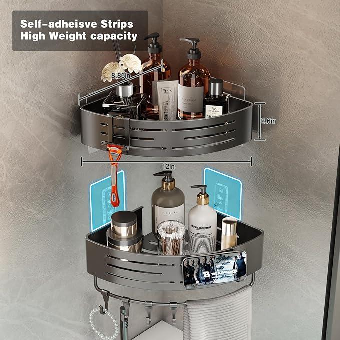 Voldra 2 Pack Corner Shower Shelves, Aluminum Stick On Showers Organizer, Modern Style, Triangular Corner Shelf, No Drilling Required - ModernBath