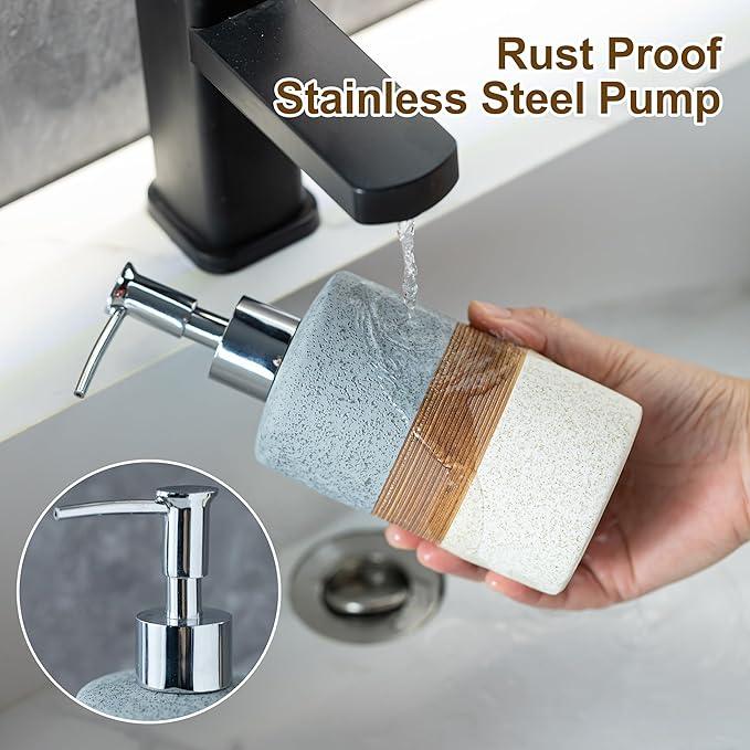 Cormomu Ceramic Soap Dispenser Set(2 Pack) – Hand Soap, Dish Soap, Shampoo & Shower Soap Dispenser for Bathroom & Kitchen, Stainless Steel Pump, Includes Silicone Funnel & Diatomaceous Tray, Gray - ModernBath