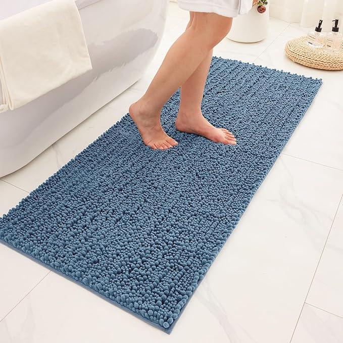 Ruggnovea Chenille Bathroom Rugs Non Slip Washable 55x24, Extra Thick Soft Absorbent Chenille Bath Mat, Non-Slip Barrier Backing, Quick Dry Machine Washable Bath Mats Tub, Shower,Floor/Sink,Blue - ModernBath
