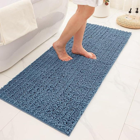 Ruggnovea Chenille Bathroom Rugs Non Slip Washable 44x24, Extra Thick Soft Absorbent Chenille Bath Mat, Non-Slip Barrier Backing, Quick Dry Machine Washable Bath Mats Tub, Shower,Floor/Sink,Blue - ModernBath