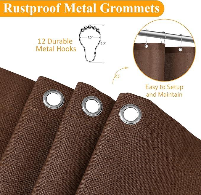 Naturoom Caramel Brown 60 Inch Shower Curtain - Stall Narrow Half Linen Ultra Thick Fabric Shower Curtain Set with Hooks, Boho Farmhouse Rustic RV Camper Bath Curtains for Bathroom, 60x72 - ModernBath