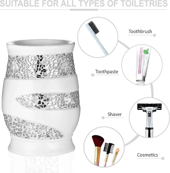 Zahari Home 4pc Sinatra Stylish Bathroom Accessories Set White Soap Dispenser, Tumbler, Tooth Brush Holder and Soap Dish Modern Classic Luxury Decor Bling Mosaic Glass White Bathroom Accessories - ModernBath