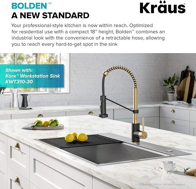 KRAUS Bolden Commercial Style 2-Function Single Handle Pull Down Kitchen Faucet in Spot-Free Antique Champagne Bronze/Matte Black, KPF-1610SFACBMB - ModernBath