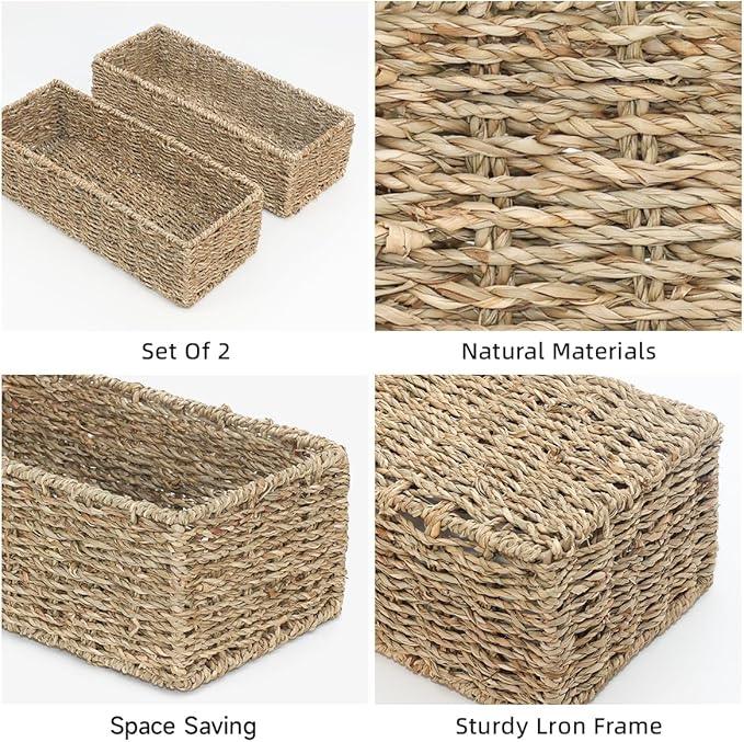 [2-Pack] Seagrass Storage Baskets, Rectangle Wicker Containers, Wicker Toilet Basket Tank Topper, Handwoven Natural Storage Baskets for Shelves, Bathroom, Bedroom (16" x 6.5" x 4.3") - ModernBath