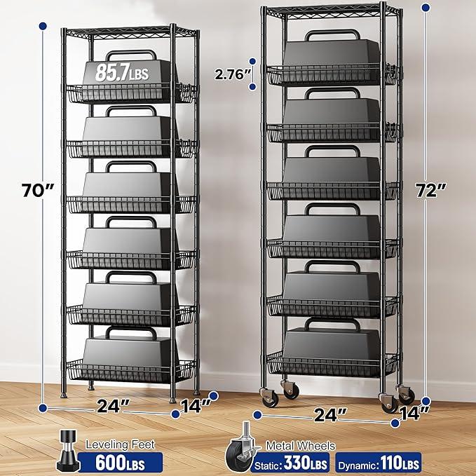 7 Tier Wire Shelving Unit with Wheels 72" H Adjustable Basket Shelf Storage Shelves with Hooks for Kitchen Bathroom Garage Closet Laundry Room Organization 72" H x 24" W x 14" D, Black - ModernBath