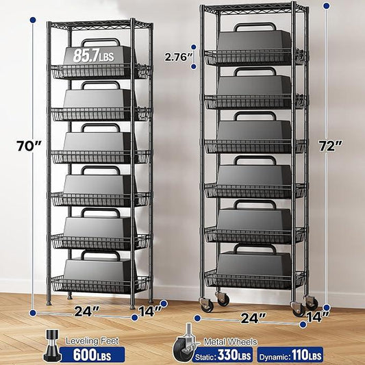 7 Tier Wire Shelving Unit with Wheels 72" H Adjustable Basket Shelf Storage Shelves with Hooks for Kitchen Bathroom Garage Closet Laundry Room Organization 72" H x 24" W x 14" D, Black - ModernBath