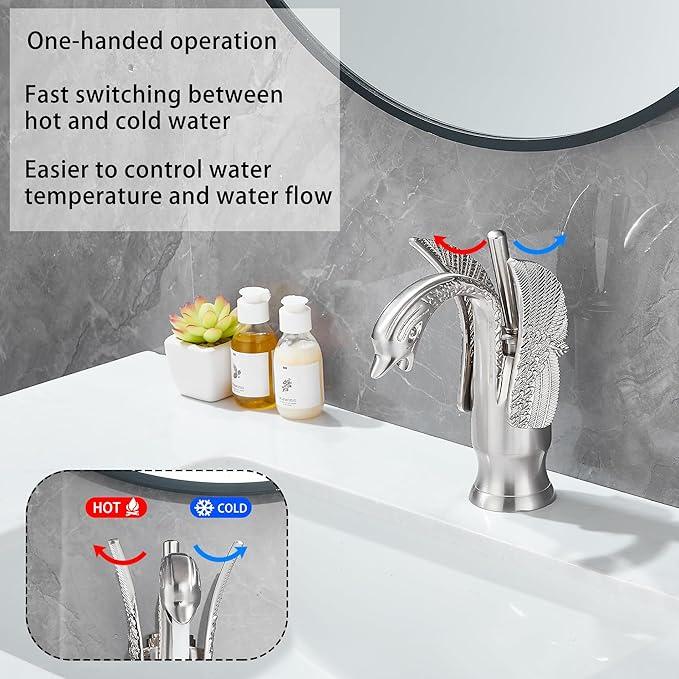 GGStudy Bathroom Faucet Brushed Nickel Swan Single Handle 1 Hole Bathroom Vanity Faucet Basin Tap Deck Mount Lavatory - ModernBath