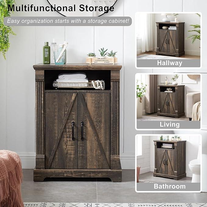 24" Farmhouse Storage Cabinet with Barn Doors, Dark Rustic Oak Freestanding Sideboard Buffet with Adjustable Shelf, Pantry Hutch Coffee Bar for Kitchen Bathroom Living Room - Small Floor Cabinet - ModernBath