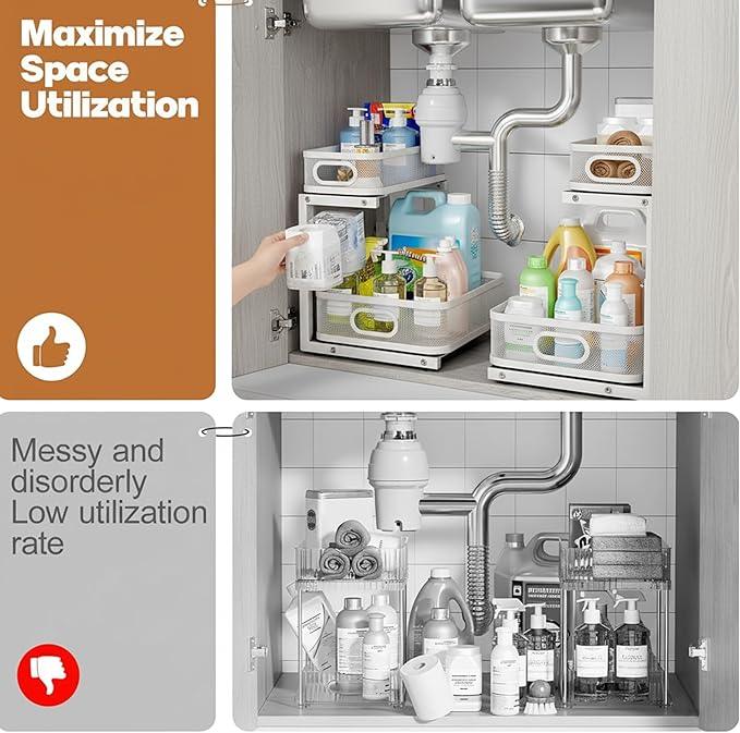 2 Pack Under Sink Organizer, Dual-Layer Pull Out Mesh Cabinet Rack with 5-Level Height Adjustment, Rust-Resistant Sliding Storage for Bathroom & Kitchen, Multi-Purpose 2-Tier Shelf - ModernBath