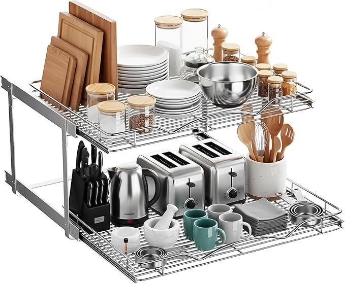 HOLDN’ STORAGE Two Tier Pull Out Cabinet Organizer, Individual Sliding Drawers - Heavy Duty Metal with Lifetime Limited Warranty - Anti Rust Chrome Finish - 28" W x 21”D x 16.5" H - ModernBath