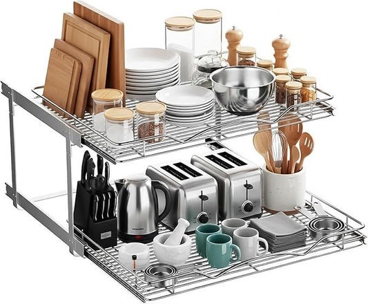 HOLDN’ STORAGE Two Tier Pull Out Cabinet Organizer, Individual Sliding Drawers - Heavy Duty Metal with Lifetime Limited Warranty - Anti Rust Chrome Finish - 28" W x 21”D x 16.5" H - ModernBath