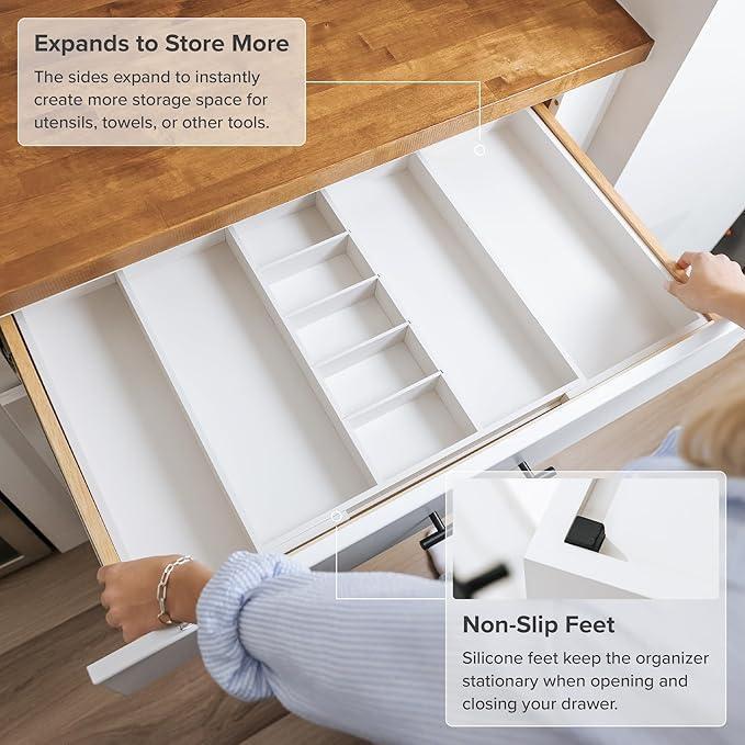 KitchenEdge Adjustable Kitchen Drawer Organizer for Utensils and Junk, Food-Safe Contract Grade with 100% Sustainable Wood, Expandable from 19 to 33 Inches Wide - White Bamboo - ModernBath