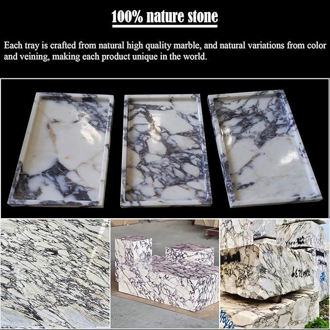 Denique Natural Marble Vanity Tray for Bathroom Countertop, Stone Storage Tray for Home Decor, 12"x8" Genuine Calacatta Viola Marble Perfume Jewelry Organizer for Kitchen Dresser - ModernBath