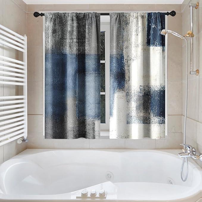 Culudea Navy Blue Grey Painting Shower Curtain Set, Gray Contemporary Modern Abstract Bathroom Window Waterproof Shower Curtain Set for Bathroom Decor - ModernBath