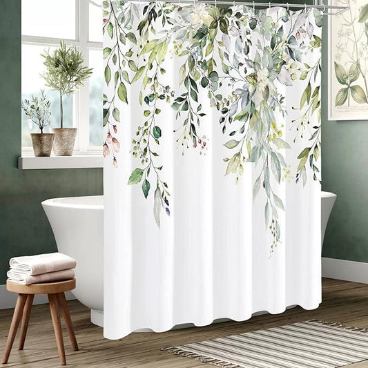 Gibelle Sage Green Eucalyptus Shower Curtain, Watercolor Plant Leaves with Floral Bathroom Decor Waterproof Fabric Shower Curtain Set 72x72 Inch White - ModernBath