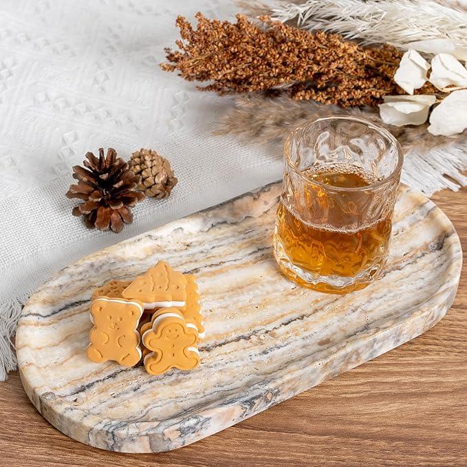 Koville Natural Marble Bathroom Tray for Decor Countertop, Marble Vanity Tray for Candles Perfume, Jewelry, Cosmetics, Stone Decorative Trays for Dresser Organizer(White Traonyx) - ModernBath