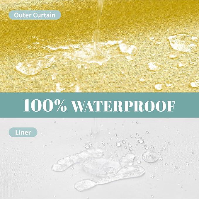 eachope Yellow No Hook Waffle Weave Shower Curtain with snap-in Liner Replacement, 230GSM Waterproof Fabric Hotel Shower Curtain Set for Bathroom, Through Mesh Top Window,71Wx80H - ModernBath
