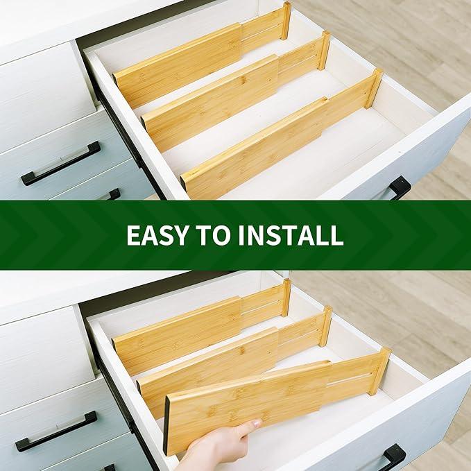 VaeFae 3 Pack Bamboo Drawer Dividers, 4" High Adjustable 16.6" - 21.8" Clothes Drawer Organizers, Expandable Separators for Bedroom/Bathroom/Kitchen/Office Storage - ModernBath
