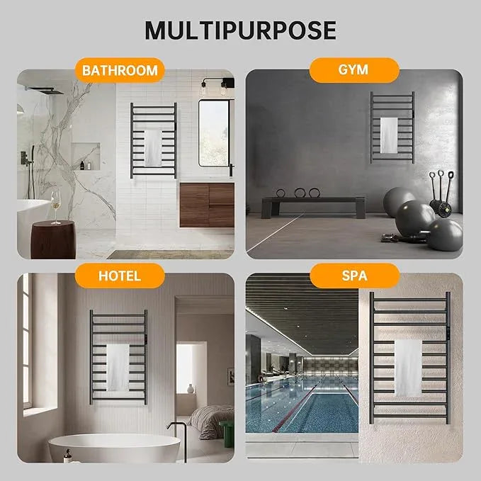 Towel Warmer Rack, Heated Towel Racks for Bathroom, Wall Mounted Towel Warmer, Stainless Steel 10-Bars Drying Rack with Intelligent Touch Screen Timer, Matte Black - ModernBath