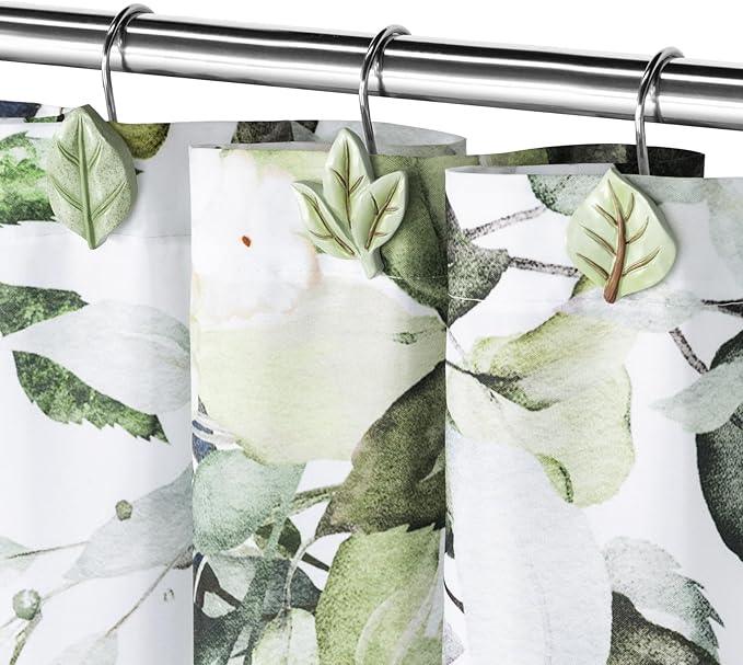 Gibelle 12PCS Leaves Shower Curtain Hooks, Green Plant Leaf Decorative Shower Curtain Hooks Metal Rustproof Cute Eucalyptus Shower Curtain Rings Bathroom Decoration Accessories - ModernBath