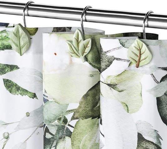 Gibelle 12PCS Leaves Shower Curtain Hooks, Green Plant Leaf Decorative Shower Curtain Hooks Metal Rustproof Cute Eucalyptus Shower Curtain Rings Bathroom Decoration Accessories - ModernBath