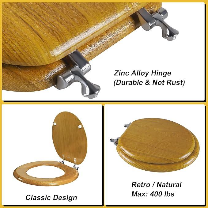 Angel Shield Durable Wood Veneer Natural Toilet Seat Metal Hinged Easy Clean Anti-scratch American Standard(Round,Oak) - ModernBath