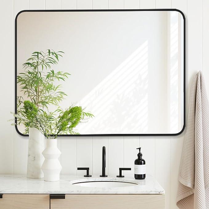 Bonverre 24x32 Inch Rectangle Bathroom Mirror with Black Metal Frame, Rounded Corner Rectangular Vanity Mirror for Wall, Modern Large for Bedroom, Living Room, Horizontal or Vertical - ModernBath