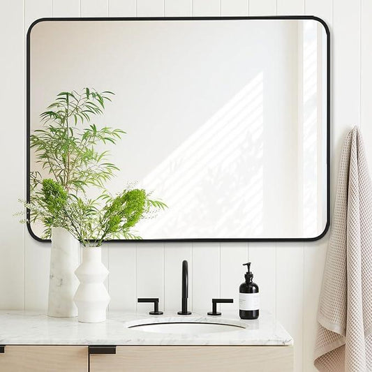 Bonverre 30x40 Inch Rectangle Bathroom Mirror with Black Metal Frame, Rounded Corner Rectangular Vanity Mirror for Wall, Modern Large for Bedroom, Living Room, Horizontal or Vertical - ModernBath