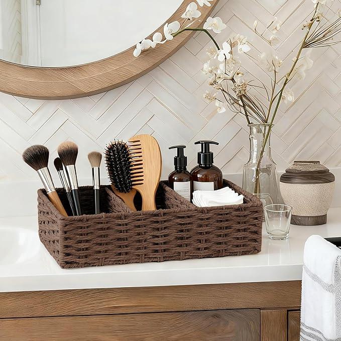Seagrass Wicker Basket for Toilet Tank Top, 3-Compartment Handwoven Bathroom Organizer for Toilet Paper, Pads, and Accessories (2, Walnut) - ModernBath