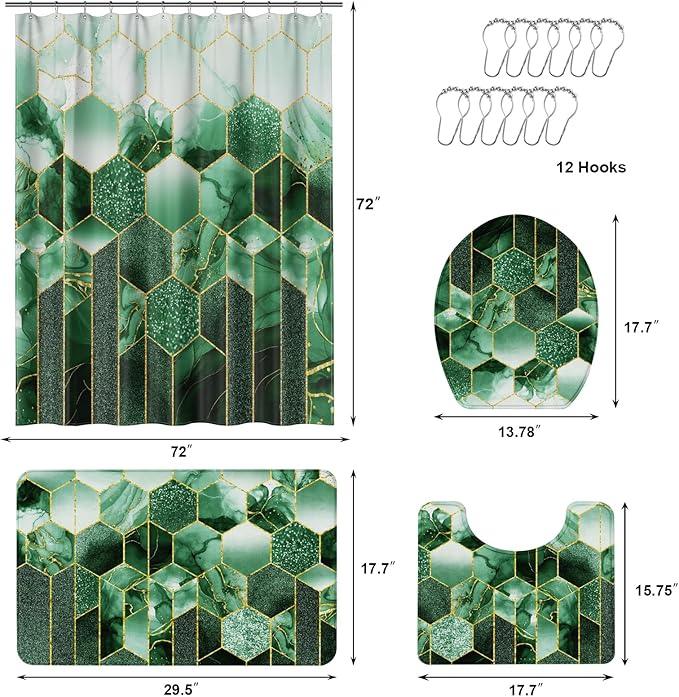 XLHOMO Bathroom Sets with Shower Curtain and Rugs - 4PC Green Geometric Shower Curtain Set with 12 Hooks, Toilet Cover, U-Shaped Mat and Rugs Modern Abstract Bathroom Accessories for Bathroom - ModernBath