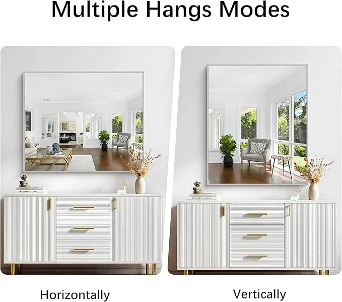 COFENY Silver Bathroom Mirror for Wall, 30x36 Inch Rectangle with Metal Frame, Modern Vanity for Bathroom Living Room, Entryway Hangs Horizontal or Vertical - ModernBath
