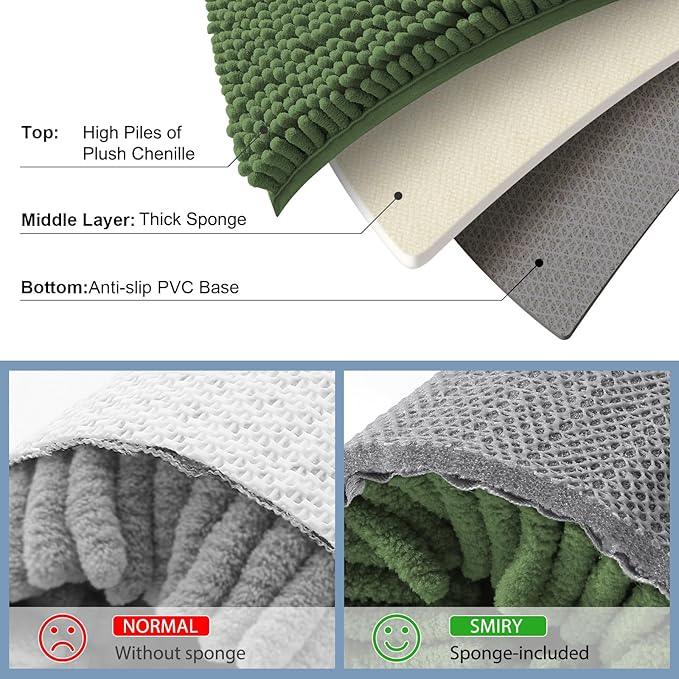 Smiry Luxury Chenille Bathroom Rugs 24x16, Extra Soft and Absorbent Shaggy Bath Mat, Machine Washable, Non-Slip Plush Carpet Runner for Tub, Shower, and Floor, Home Decor Accessories, Olive Green - ModernBath
