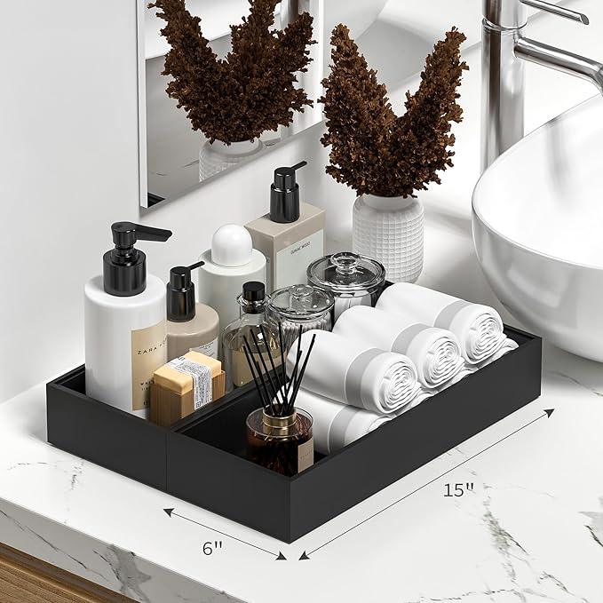 Kitchen Drawer Organizer Bins, Stackable Bamboo Drawer Organizer for Silverware, 2 Pcs Toilet Paper Basket Holder, Wood Bathroom Tray Countertop, Toilet Tank Tray Black 15" x 6" x 2.5" - ModernBath