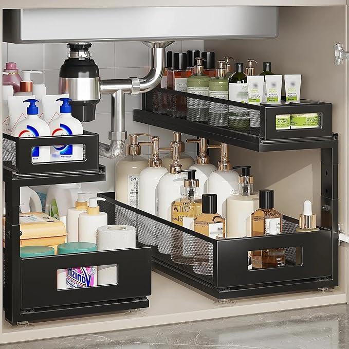 2 Pack 18.5IN-Depth Under Sink Organizer With Next-Gen Ball-Bearing Slides,2-Tier Pull Out Cabinet Storage,Height Adjustable Drawer Shelf for Bathroom,Kitchen,Laundry,Cabinet,Pantry-Black - ModernBath