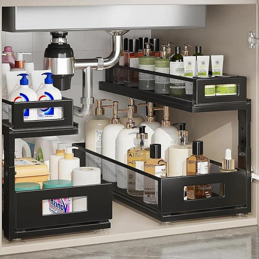 2 Pack 18.5IN-Depth Under Sink Organizer With Next-Gen Ball-Bearing Slides,2-Tier Pull Out Cabinet Storage,Height Adjustable Drawer Shelf for Bathroom,Kitchen,Laundry,Cabinet,Pantry-Black - ModernBath