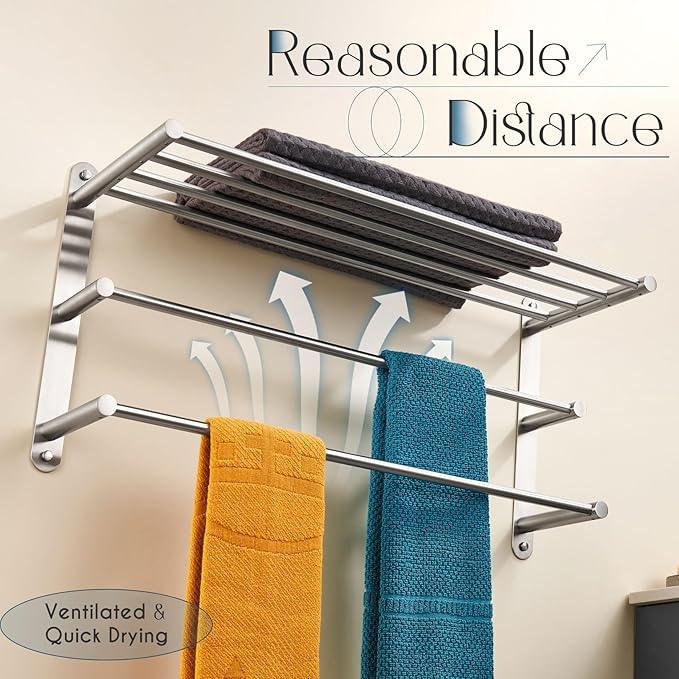 KOKOSIRI 3 Tier Bath Towel Bar 24 Inch Wall Mounting Rack with Towel Bars Towel Shelf with Single Towel Bar Bathroom Ladder, Brushed Steel, B5003BR - ModernBath