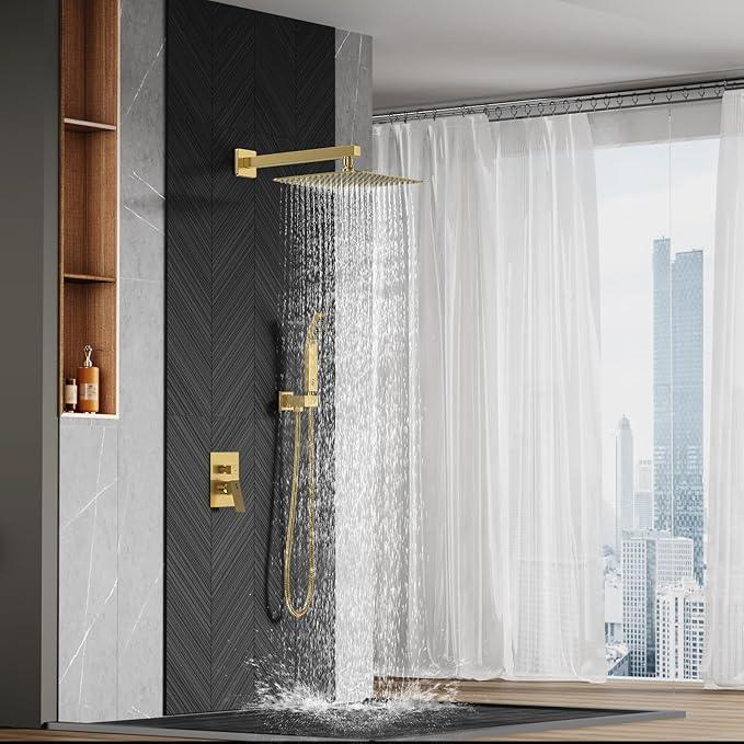 SR SUN RISE 12 Inches Bathroom Luxury Rain Mixer Shower Combo Set Wall Mounted Rainfall Shower Head System Brushed Nickel Finish Shower Faucet Rough-In (12 Inch, Brushed Gold) - ModernBath