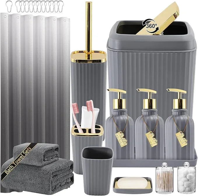 WSBArt 32PCS Bathroom Accessories Set Bathroom Set,Grey Shower Curtain Set,Bath Towel Set,Hand Towel,Toilet Brush,Trash Can & 3PCS Soap Dispenser - ModernBath