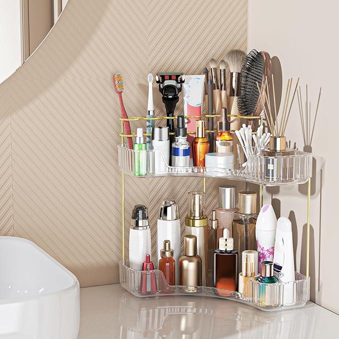 Webetop Corner Makeup Organizer for Vanity, 2 Tier Bathroom Cosmetics Organizer Countertop with Make up Brush Holder Corner Counter Storage Skincare Organizer for Bathroom Dresser Toiletry(Clear) - ModernBath