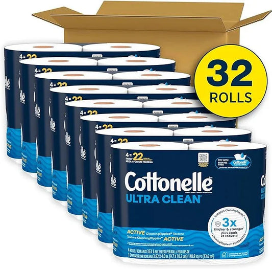 Cottonelle Ultra Clean Toilet Paper with Active CleaningRipples Texture, Strong Bath Tissue, 32 Family Mega Rolls = 176 Regular Rolls (8 Packs of 4) - ModernBath