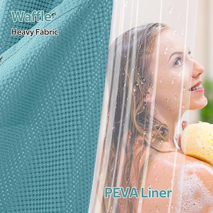 Vipfree 3 in 1 Shower Curtain Set, Waffle Shower Curtain and Liner Set with 12 Double Sided Shower Curtain Hooks, 258GSM Luxury Weighted Cloth Shower Curtains for Bathroom, 72 W x 72 H, Teal - ModernBath