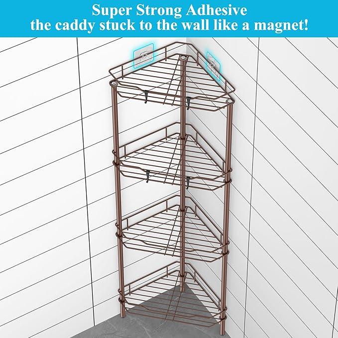 4 Tier Floor Standing Corner Shower Caddy Organizer Shelf with Hooks, Bathroom Shelves Stand Rack, Coffee - ModernBath